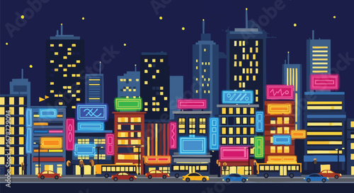 Vibrant Metropolis at Night: A Cartoon Cityscape with Neon Signs and Sparkling Stars, Full of Life and Energy that Captures the Essence of the Urban