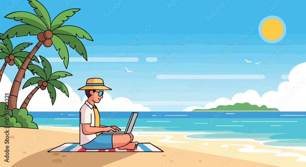 Fototapeta premium Digital nomad working on a tropical beach, embodying the modern freelance lifestyle under the warm sun and swaying palm trees, in a vibrant cartoon