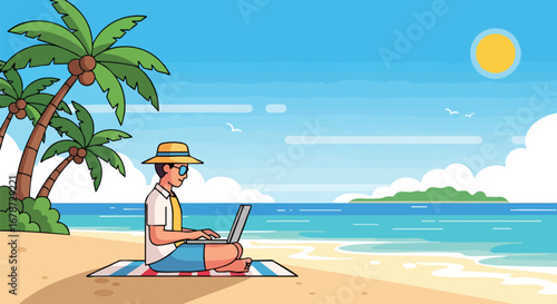 Digital nomad working on a tropical beach, embodying the modern freelance lifestyle under the warm sun and swaying palm trees, in a vibrant cartoon
