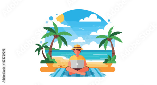 Tropical Digital Nomad: A Cartoon Illustration of Remote Work on a Sunny Beach Scene with Palm Trees and Laptop Creating a Serene Workspace