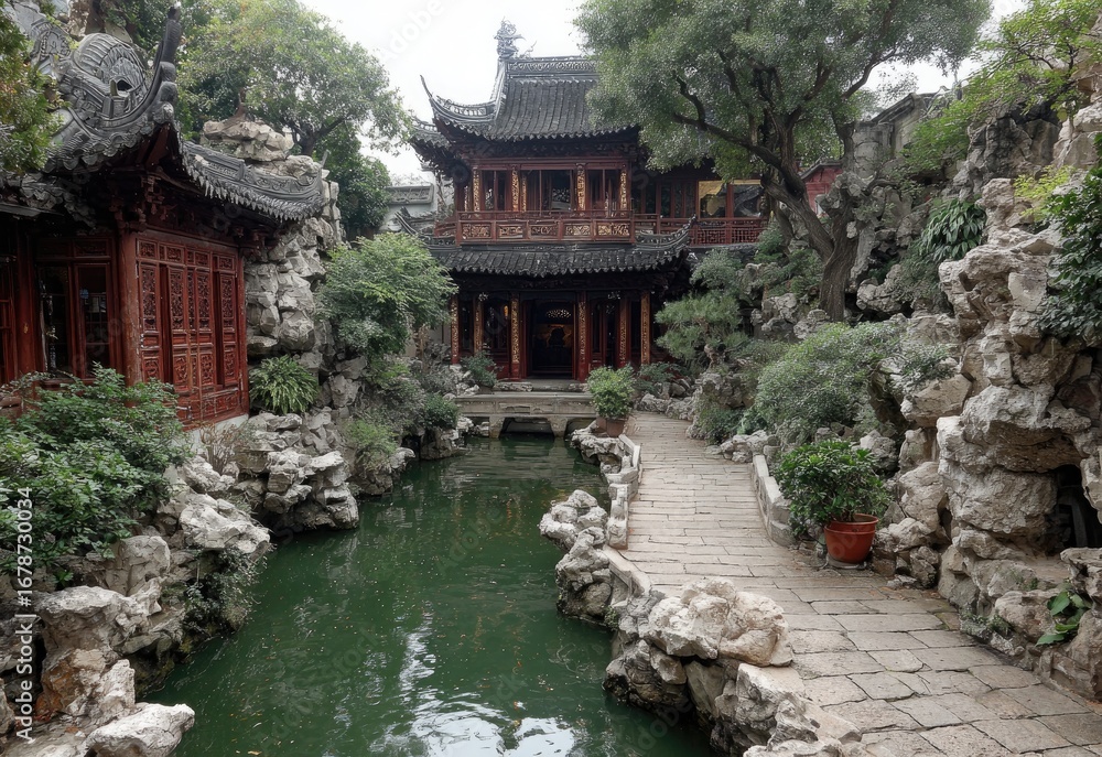 Fototapeta premium Asian garden path, water, and buildings