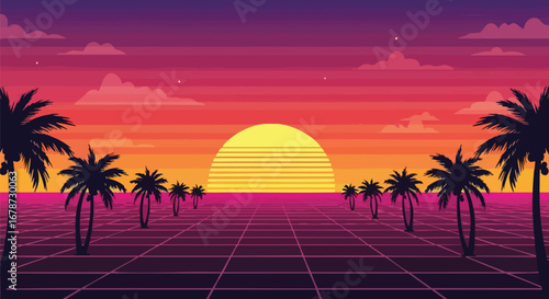 Retro Synthwave Horizon: A Digital Landscape of Palm Trees and Sunset, Blending 80s Aesthetics with Modern Pixel Art Style for Nostalgic Appeal