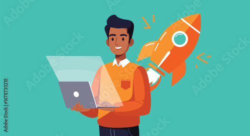 Young Entrepreneur Launches Business Startup with Laptop and Rocket Symbol