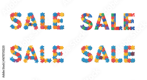 Colorful Puzzle Pieces Forming 'Sale' Message on White Background in Four Styles