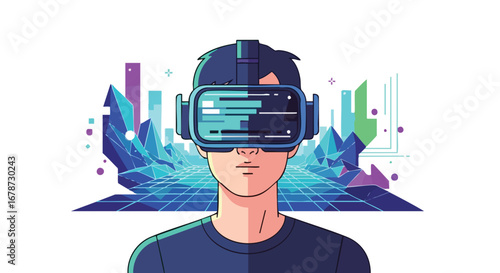 Immersive Virtual Reality Experience: Person Exploring a Digital Landscape with VR Headset envisioning interactive virtual scenarios
