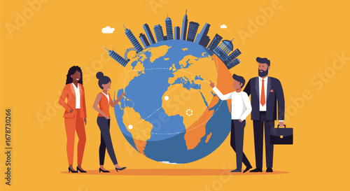 Stylized flat vector illustration of professionals connecting on a global scale