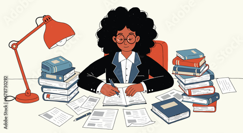 Dedicated professional woman engrossed in research amidst books and documents