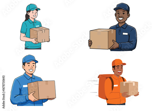 Diverse Smiling Delivery Personnel Holding Packages on a Clean White Background