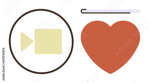 Play button inside circle representing video communication next to a heart symbol and progress bar suggesting connection and engagement. Ideal for communication, creativity, media sharing
