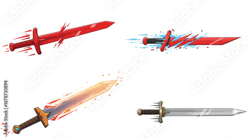 Animated medieval swords collection, glowing and shattered weapon on white background