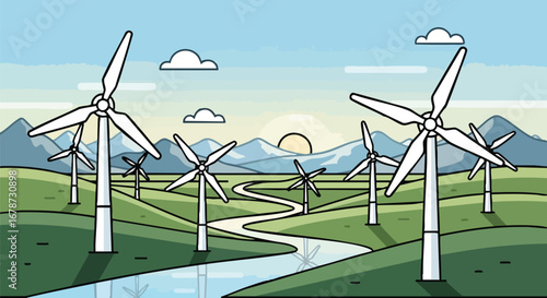Cartoon wind farm landscape illustration showcasing renewable energy, promoting clean energy source and sustainable solution to combatting pollution
