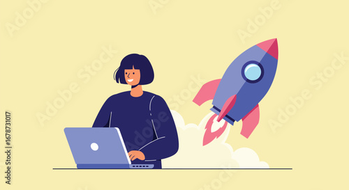 Enthusiastic young founder launching startup with laptop and rocket vector