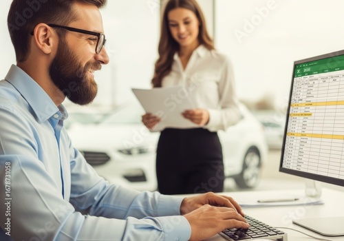 Obraz na płótnie Modern car dealership workflow shows teamwork and streamlined data entry