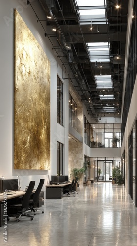 Modern office hallway with large gold abstract art