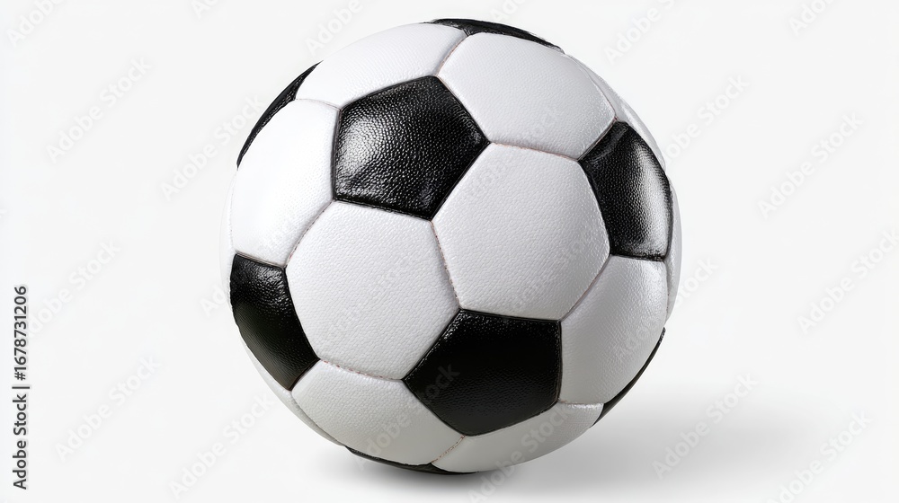 Naklejka premium A close-up shot of a classic black and white soccer ball, symbolizing passion and teamwork in the world of football. Perfect for sports enthusiasts and promotional materials.