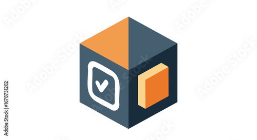 Isometric box with validation mark, representing data confirmation and verification using geometric shapes and contrasting colors in a simple design