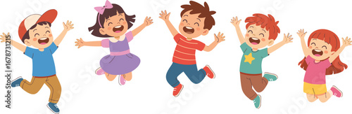 Happy group of diverse children jumping with joy, playful kids celebrating together, smiling boys and girls having fun, cheerful childhood friendship illustration vector