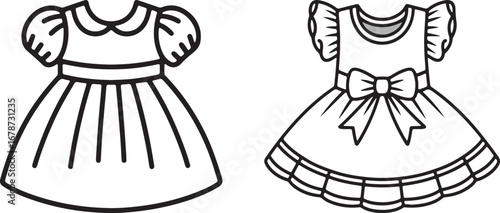 Outline drawing of baby girl frock with ruffled neckline, puff sleeves