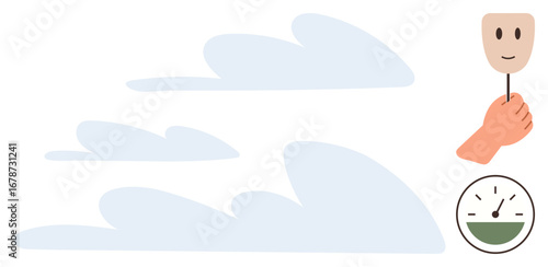 Hand holding a cheerful face mask beside a dial-style emotion meter behind stylized clouds. Ideal for psychology, emotions, well-being, stress management, mental health concepts, mindfulness