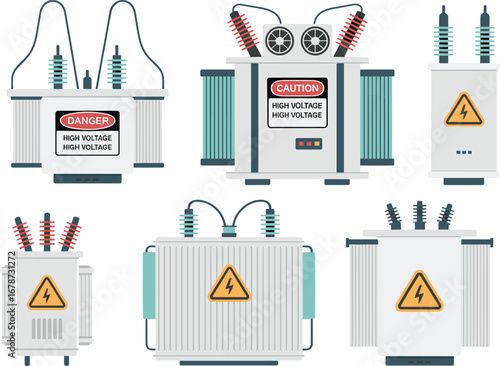 High voltage electrical transformer vector illustration, power distribution equipment icon, energy