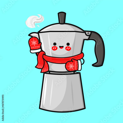 A cute cartoon coffee pot character wearing winter clothes is smiling warmly.