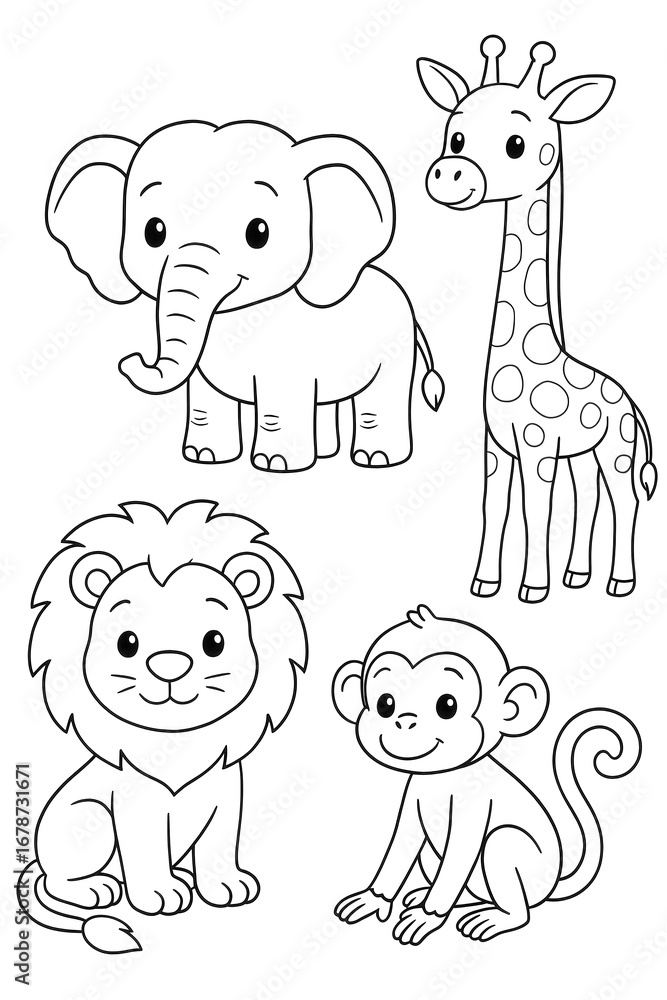Obraz premium Coloring for children and adults, coloring of the animal world, elephant, monkey, lion, giraffe.