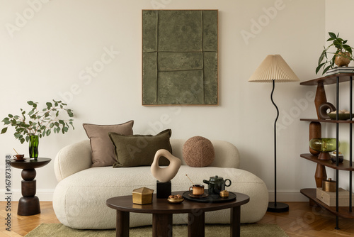 Contemporary living room with white sofa, decorative pillows, sculptural objects, coffee table with tea set, and wall art in green tones. Mock up paintings.