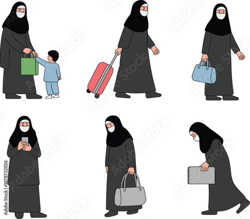Muslim woman in abaya illustration, female character vector with luggage, handbag, shopping bag, mobile phone, daily life, Islamic lifestyle concept