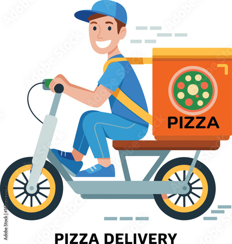 Pizza delivery illustration, courier on bike, food transport service, online order vector, fast meal shipping, restaurant courier design, express takeaway distribution clipart