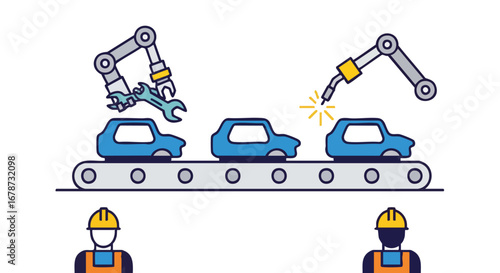 Automated vehicle production, robotics for automotive assembly line, precision engineering in car manufacturing with workforce coordination