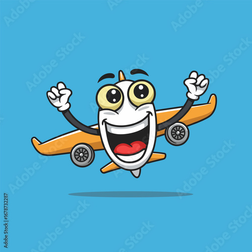 Smiling airplane character with big eyes and raised arms, radiating excitement mid-air.