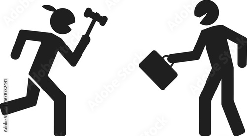 Silhouette illustration of criminal attack with hammer and businessman holding briefcase, concept of robbery, danger, crime, violence, threat, vector isolated design