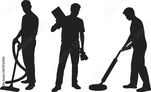 Silhouette illustration of cleaning workers, man vacuuming, person with cleaning equipment, floor polishing, professional janitor service, housework concept, hygiene, maintenance, vector design