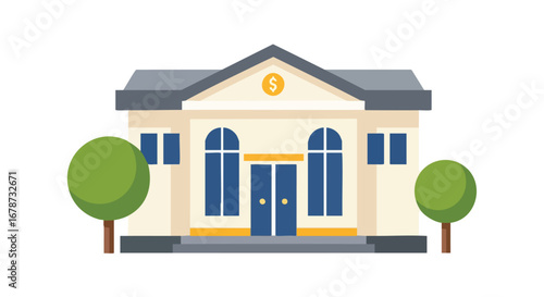 Stylized depiction of a cartoon bank building with dollar sign, offering a simplistic representation of financial institution facility design