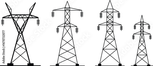 Vector illustration of electricity pylons, high voltage transmission towers, power grid infrastructure, 
