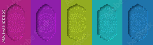 Set of colorful ornamental arches with arabic floral mandala and decorative border, abstract background for Diwali, Ramadan and Eid celebration, festive template with copy space. Vector illustration.