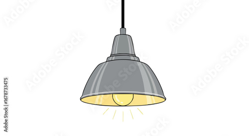Grey industrial pendant light fixture with a glowing bulb casting soft illumination, minimalist vector graphic style showcases modern lighting