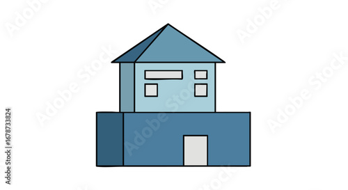 Stylized simplistic blue house illustration with geometric shapes and clean lines on white background visual asset for design projects