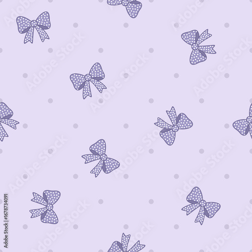 Seamless pattern of polkadot bow. Purple ribbon on polkadot pattern