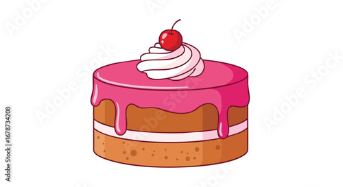 Whimsical cake illustration featuring pink glaze, cream topping, and vibrant cherry against a pristine white backdrop