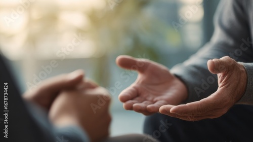 People engaging in a deep conversation with open gestures in a bright, modern indoor setting