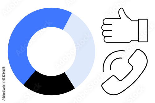Circular chart with blue and black segments, thumbs-up for positive feedback, and phone icon symbolizing connection. Ideal for analytics, customer feedback, teamwork, communication, engagement