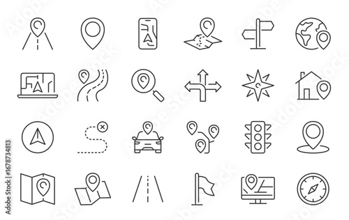 WebNavigation web icons in line style. Route, location, route map, traffic, pin, collection. Vector illustration.