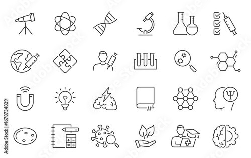 Science web icons in line style. Genetics, biology, chemistry, astronomy, logics, psychology, medicine, collection. Vector illustration.