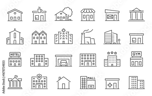 Building web icons in line style. Hotel, hospital, apartament, city, town house, mall, coffee, collection. Vector illustration.