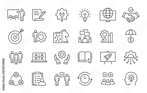 Workshop web icons in line style. Teamwork, training, business, partnership, goals, coaching, collection. Vector illustration.