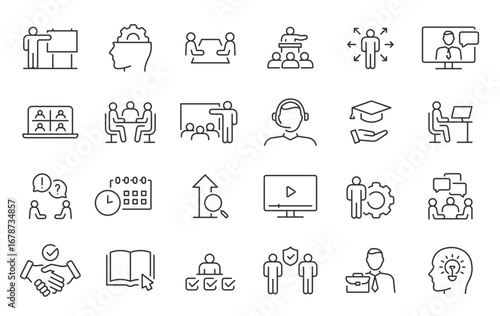 Training web icons in line style. Education, seminar, online test, webinar, course, distance learning collection. Vector illustration.