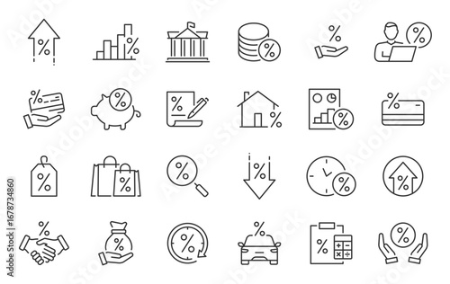 Loan and Credit web icons in line style. Credit card, deposit, car leasing, rate interest, calculator, income, rating, collection. Vector illustration.