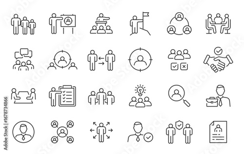 Human resources web icons in line style. Headhunting, career, resume, work group, candidate, job hiring, collection. Vector illustration.
