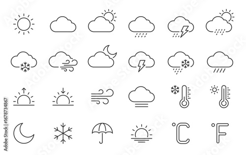 Weather web icons in line style. Clouds, sun, moon, snowflakes, wind, sunny day, collection. Vector illustration.